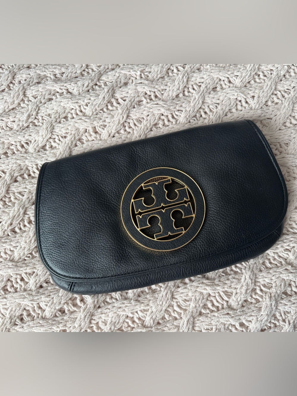 Tory Burch Black Pebbled Leather Clutch with Gold Logo Medallion